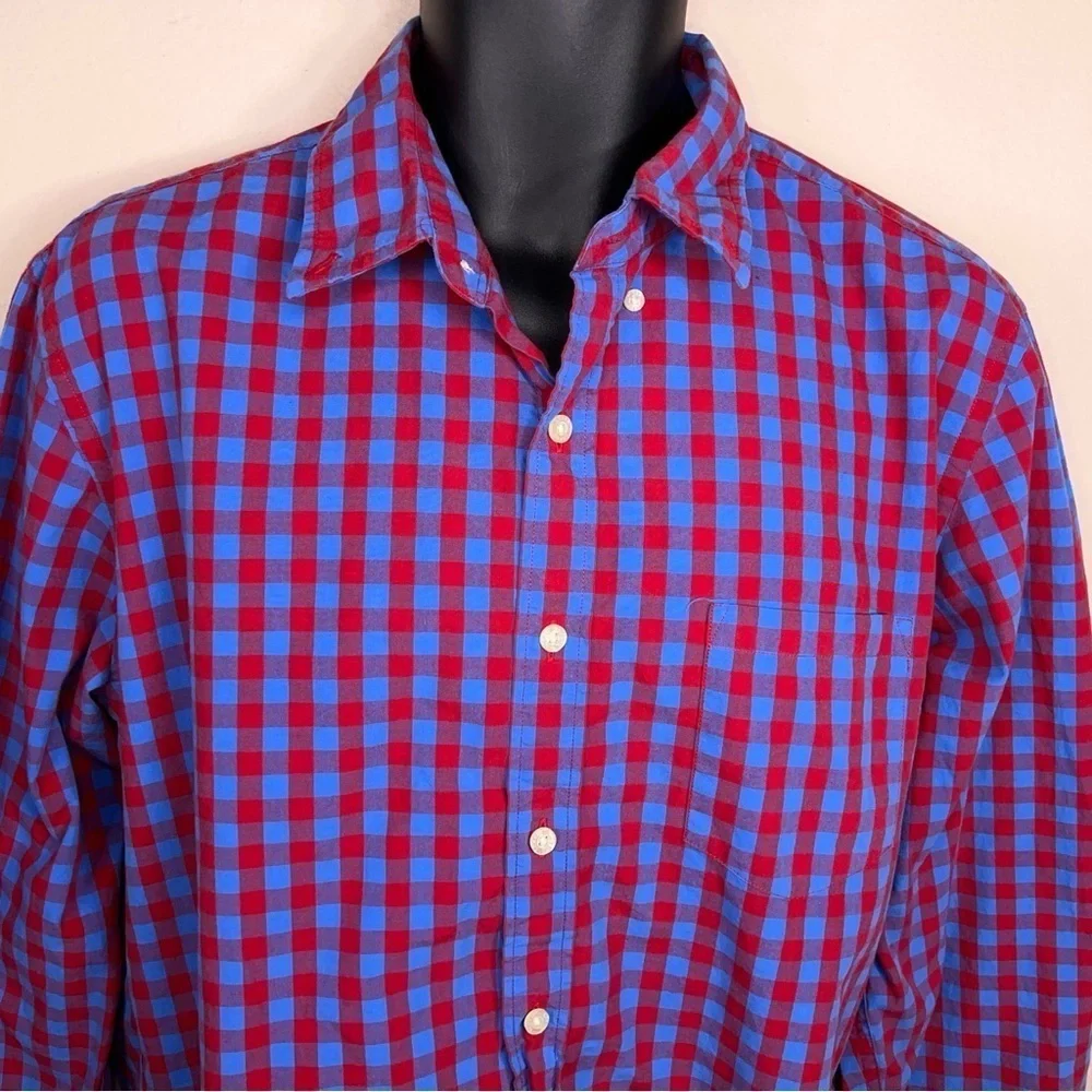 Large J Crew Mens Plaid Shirt Blue Red Cotton Button Front Long Sleeve Preppy